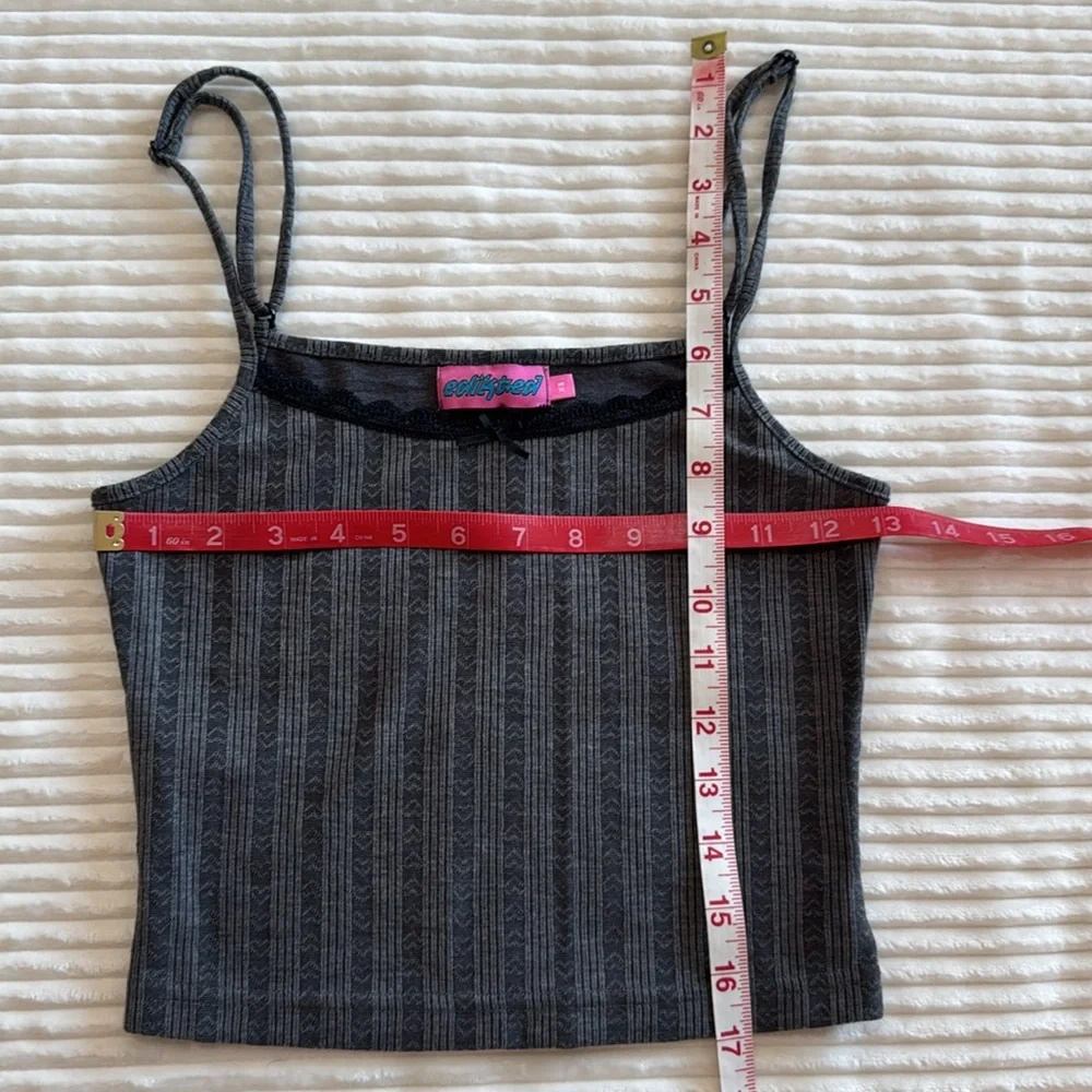 Edikted Set of 2 Spaghetti Strap Cropped Ribbed Tank Tops Floral Stripe Lace XS - Picture 3 of 14
